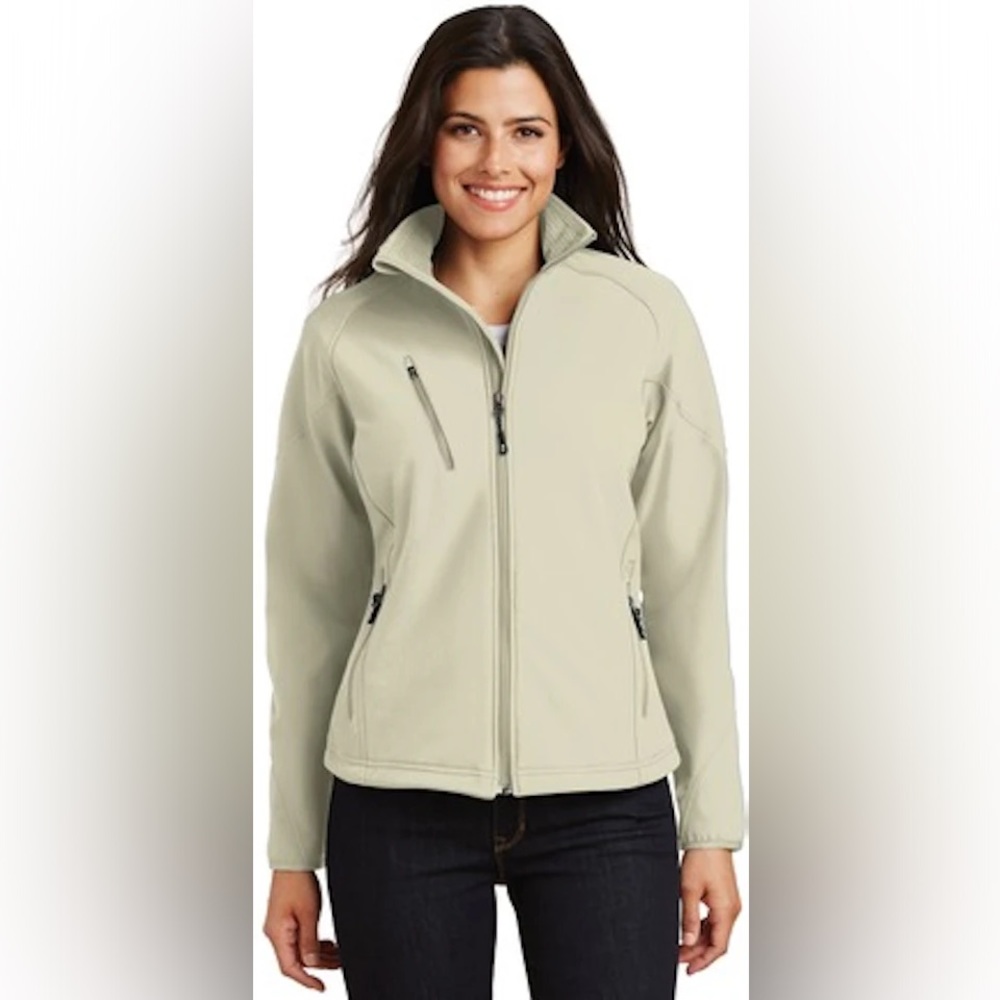 Port Authority Textured Soft Shell Jacket - cream - “hop” embroidery on back